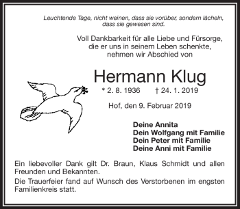 Traueranzeige von Hermann Klug von Frankenpost
