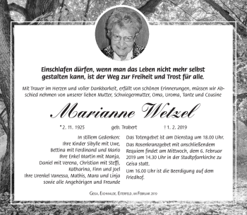 Traueranzeige von Marianne Wetzel von Südthüringer Presse