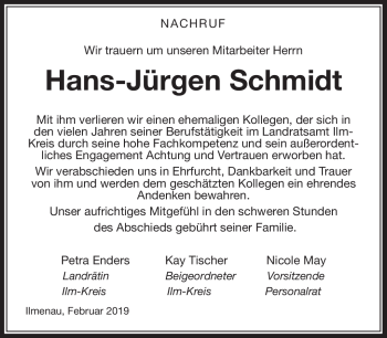 Traueranzeige von Hans-Jürgen Schmidt von Südthüringer Presse