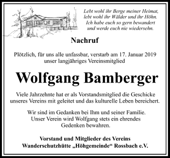 Traueranzeige von Bamberger Wolfgang von Südthüringer Presse