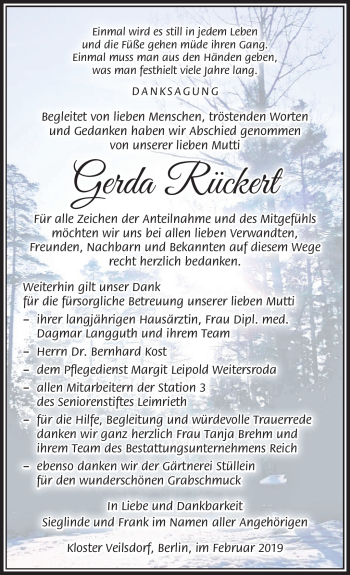 Traueranzeige von Gerda Rückert von Südthüringer Presse