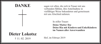 Traueranzeige von Dieter Lokotsz von Frankenpost