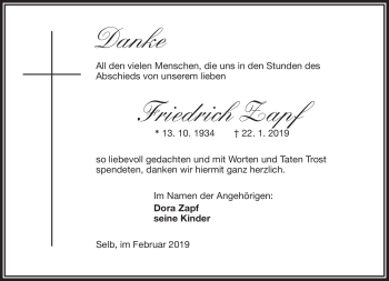 Traueranzeige von Friedrich Zapf von Frankenpost