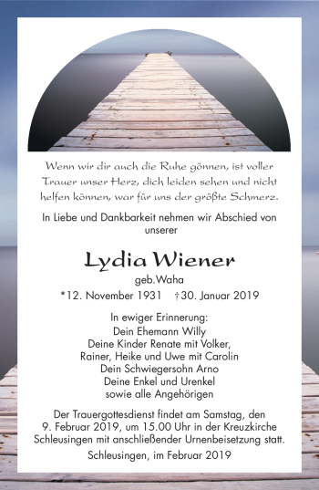 Traueranzeige von Lydia Wiener von Südthüringer Presse