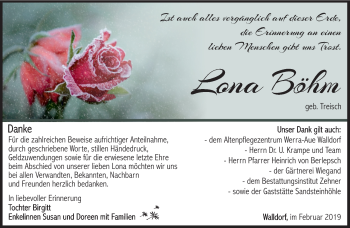 Traueranzeige von Lona Böhm von Südthüringer Presse