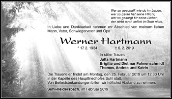 Traueranzeige von Werner Hartmann von Südthüringer Presse
