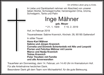 Traueranzeige von Inge Mähner von Frankenpost