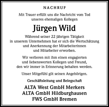 Traueranzeige von Jürgen Wild von Südthüringer Presse
