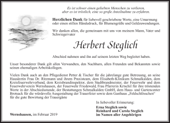 Traueranzeige von Herbert Steglich von Südthüringer Presse
