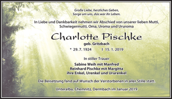 Traueranzeige von Charlotte Pischke von Südthüringer Presse
