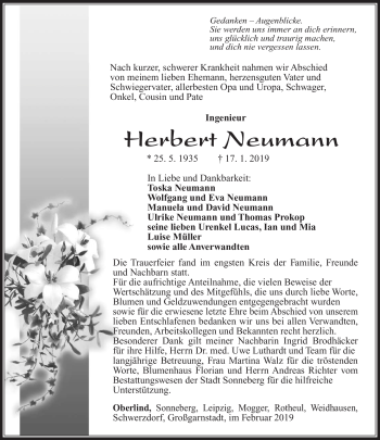Traueranzeige von Herbert Neumann von Südthüringer Presse