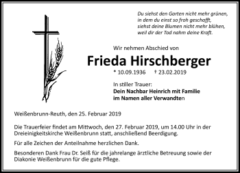 Traueranzeige von Frieda Hirschberger von Neue Presse Coburg