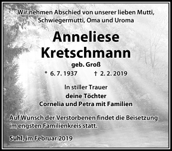 Traueranzeige von Anneliese Kretschmann von Südthüringer Presse