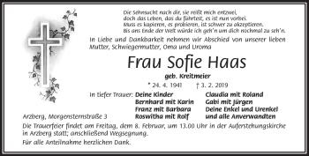 Traueranzeige von Sofie Haas von Frankenpost