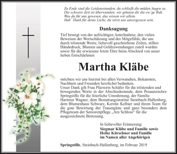 Traueranzeige von Martha Kläbe von Südthüringer Presse