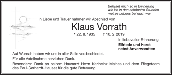 Traueranzeige von Klaus Vorrath von Frankenpost