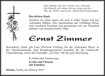 Traueranzeige von Ernst Zimmer von Südthüringer Presse