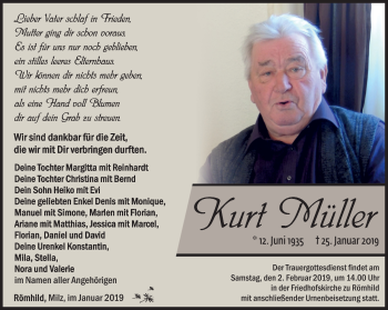 Traueranzeige von Kurt Müller von Südthüringer Presse