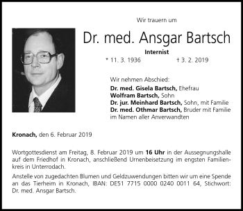 Traueranzeige von Dr. med. Ansgar Bartsch von Neue Presse Coburg