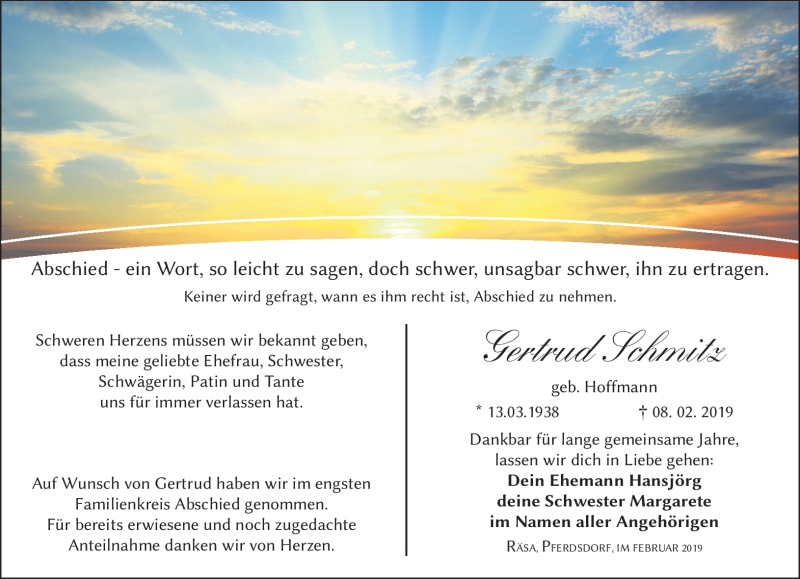  Traueranzeige für Gertrud Schmitz vom 21.02.2019 aus Südthüringer Presse