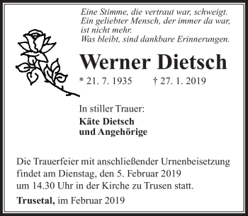Traueranzeige von Werner Dietsch von Südthüringer Presse