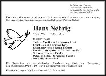 Traueranzeige von Hans Nehrig von Südthüringer Presse