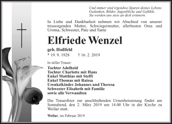 Traueranzeige von Elfriede Wenzel von Südthüringer Presse