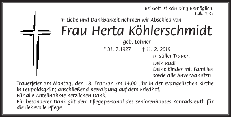  Traueranzeige für Herta Köhlerschmidt vom 15.02.2019 aus Frankenpost