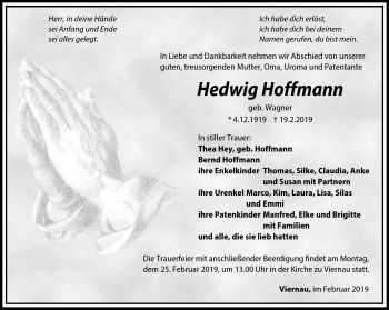 Traueranzeige von Hedwig Hoffmann von Südthüringer Presse