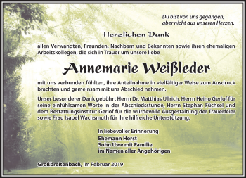 Traueranzeige von Annemarie Weißleder von Südthüringer Presse