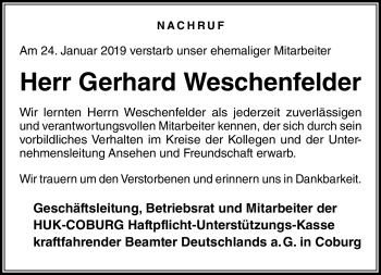 Traueranzeige von Gerhard Weschenfelder von Neue Presse Coburg