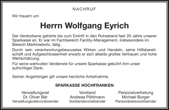 Traueranzeige von Wolfgang Eyrich von Frankenpost