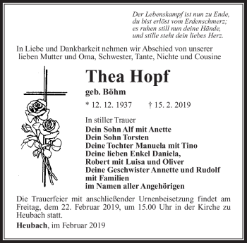 Traueranzeige von Thea Hopf von Südthüringer Presse