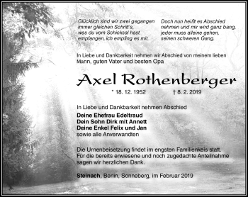 Traueranzeige von Axel Rothenberger von Südthüringer Presse