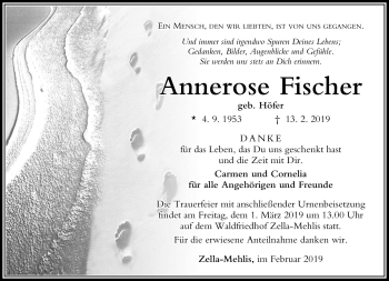 Traueranzeige von Annerose Fischer von Südthüringer Presse