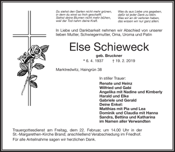 Traueranzeige von Else Schieweck von Frankenpost