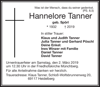Traueranzeige von Hannelore Tanner von Frankenpost