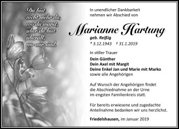 Traueranzeige von Marianne Hartung von Südthüringer Presse