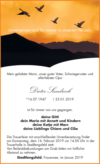 Traueranzeige von Dieter Sandrock von Südthüringer Presse