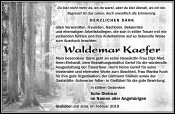 Traueranzeige von Waldemar Kaefer von Südthüringer Presse