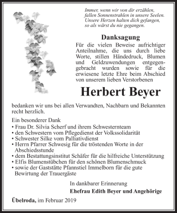Traueranzeige von Herbert Beyer von Südthüringer Presse