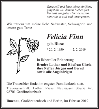 Traueranzeige von Felicia Finn von Südthüringer Presse