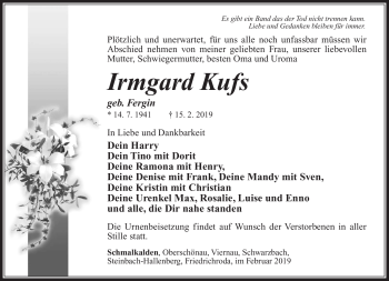 Traueranzeige von Irmgard Kufs von Südthüringer Presse