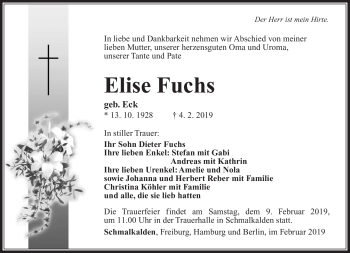 Traueranzeige von Elise Fuchs von Südthüringer Presse