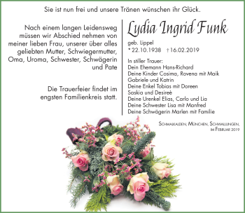 Traueranzeige von Lydia Ingrid Funk von Südthüringer Presse