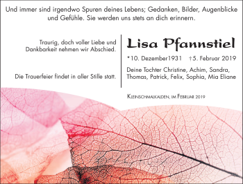 Traueranzeige von Lisa Pfannstiel von Südthüringer Presse