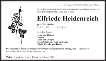 Traueranzeige von Elfriede Heidenreich von Südthüringer Presse