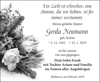 Traueranzeige von Gerda Neumann von Südthüringer Presse
