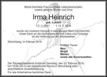 Traueranzeige von Irma Heinrich von Frankenpost