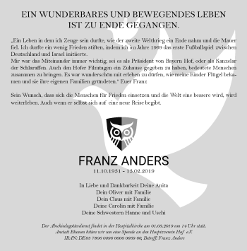 Traueranzeige von Franz Anders von Frankenpost
